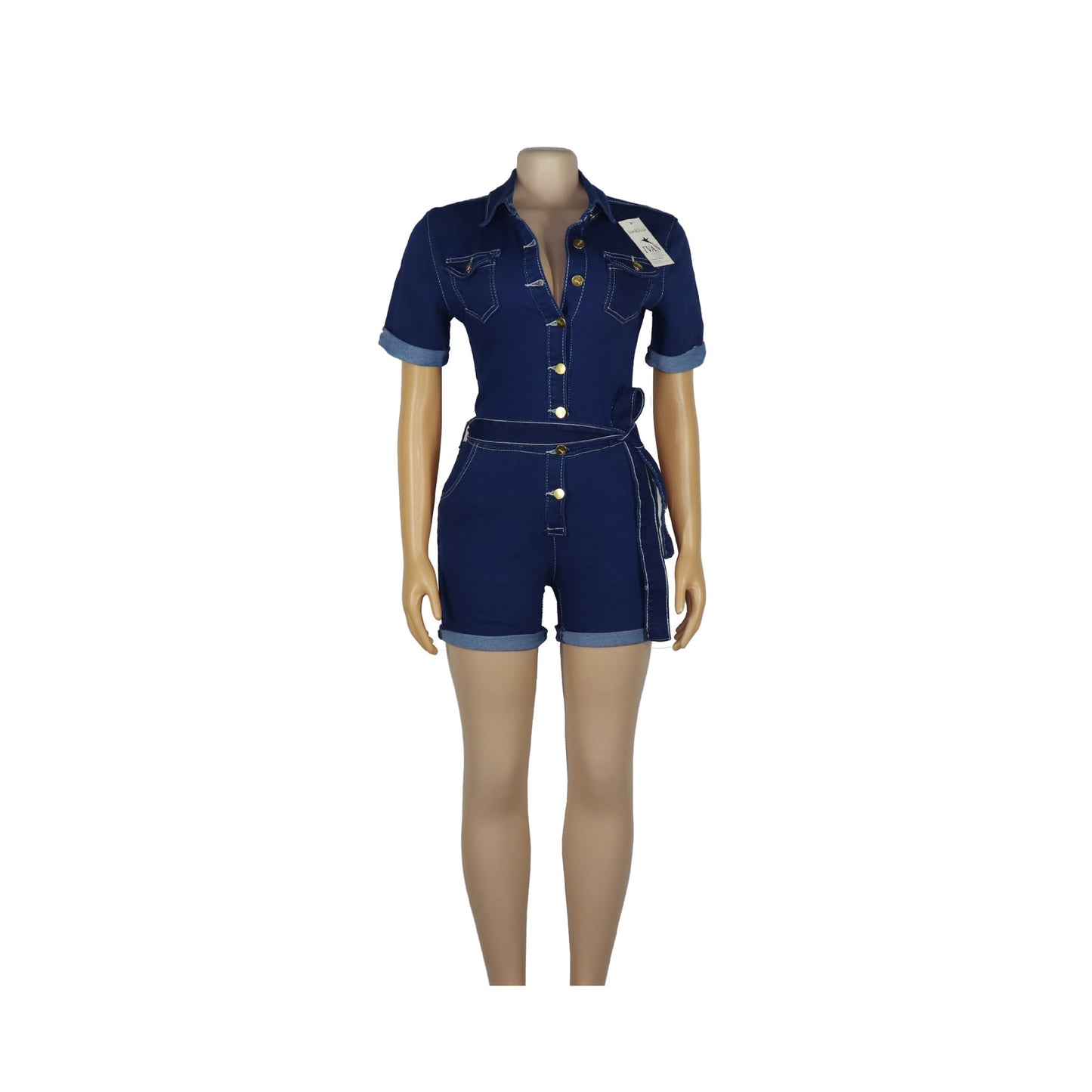 Blue Short Sleeve Shorts Rompers Fashion Elastic Lapel Button Slim Fit Jumpsuit Ladies Vestidos