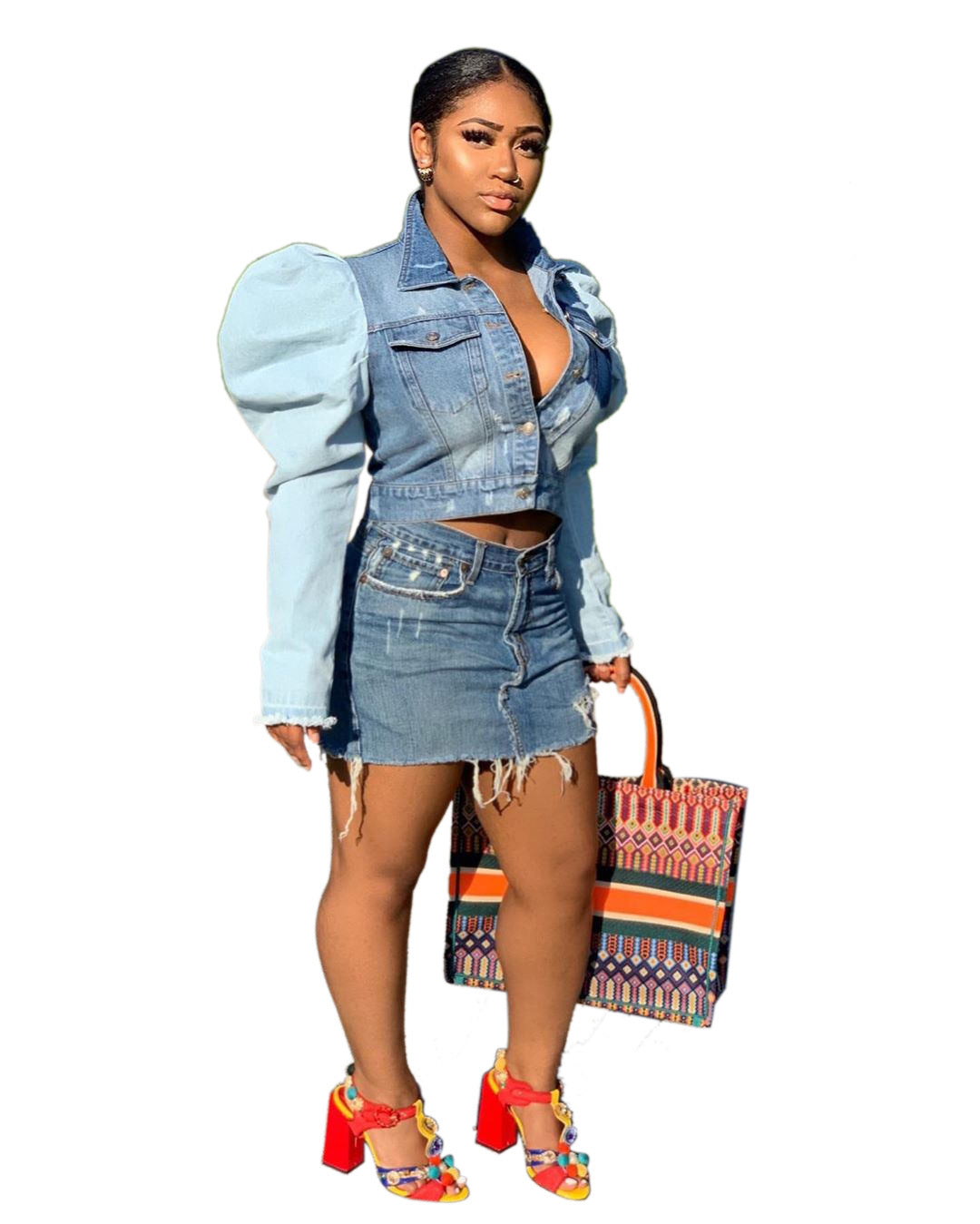 Women's patchwork bubble sleeve sexy denim top