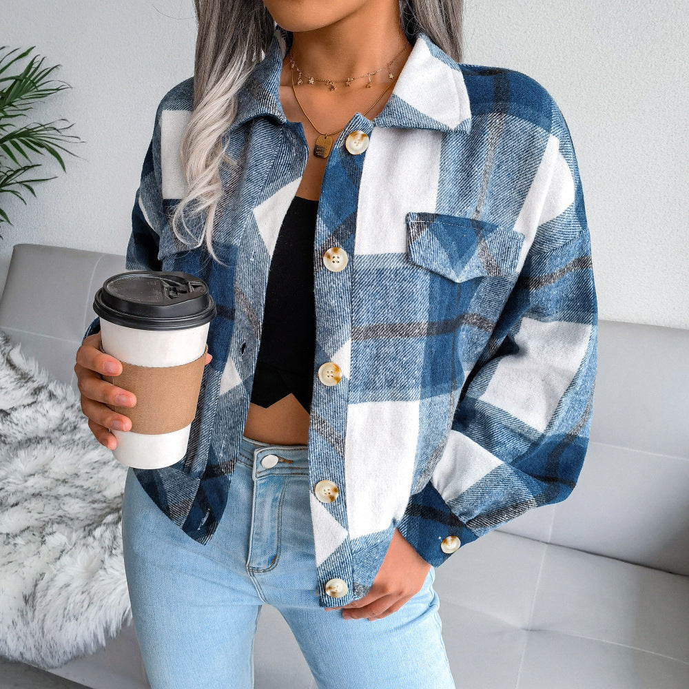 Plaid Lapel Cropped Jacket Fashion