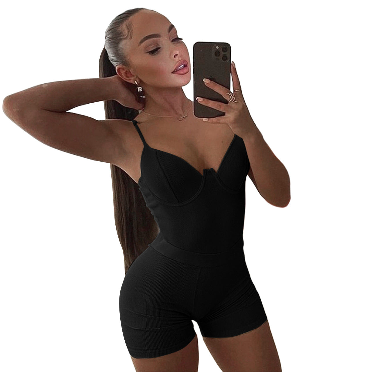 Solid Color Ribbed Suspender Jumpsuit Casual Shorts Two-piece Set