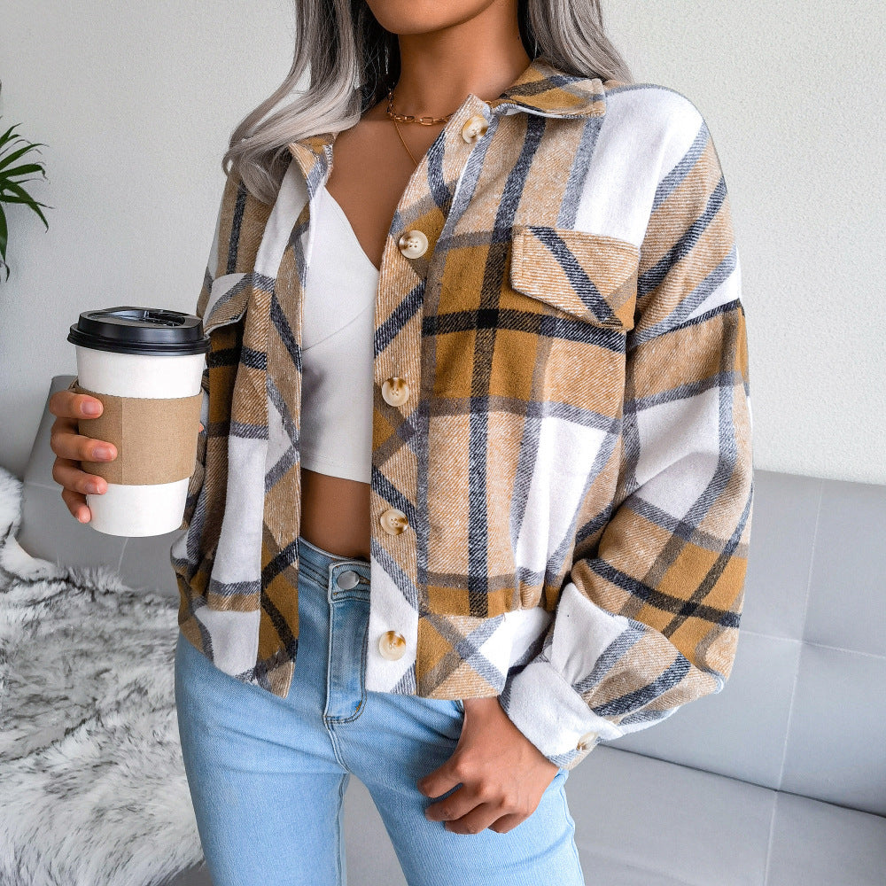 Plaid Lapel Cropped Jacket Fashion