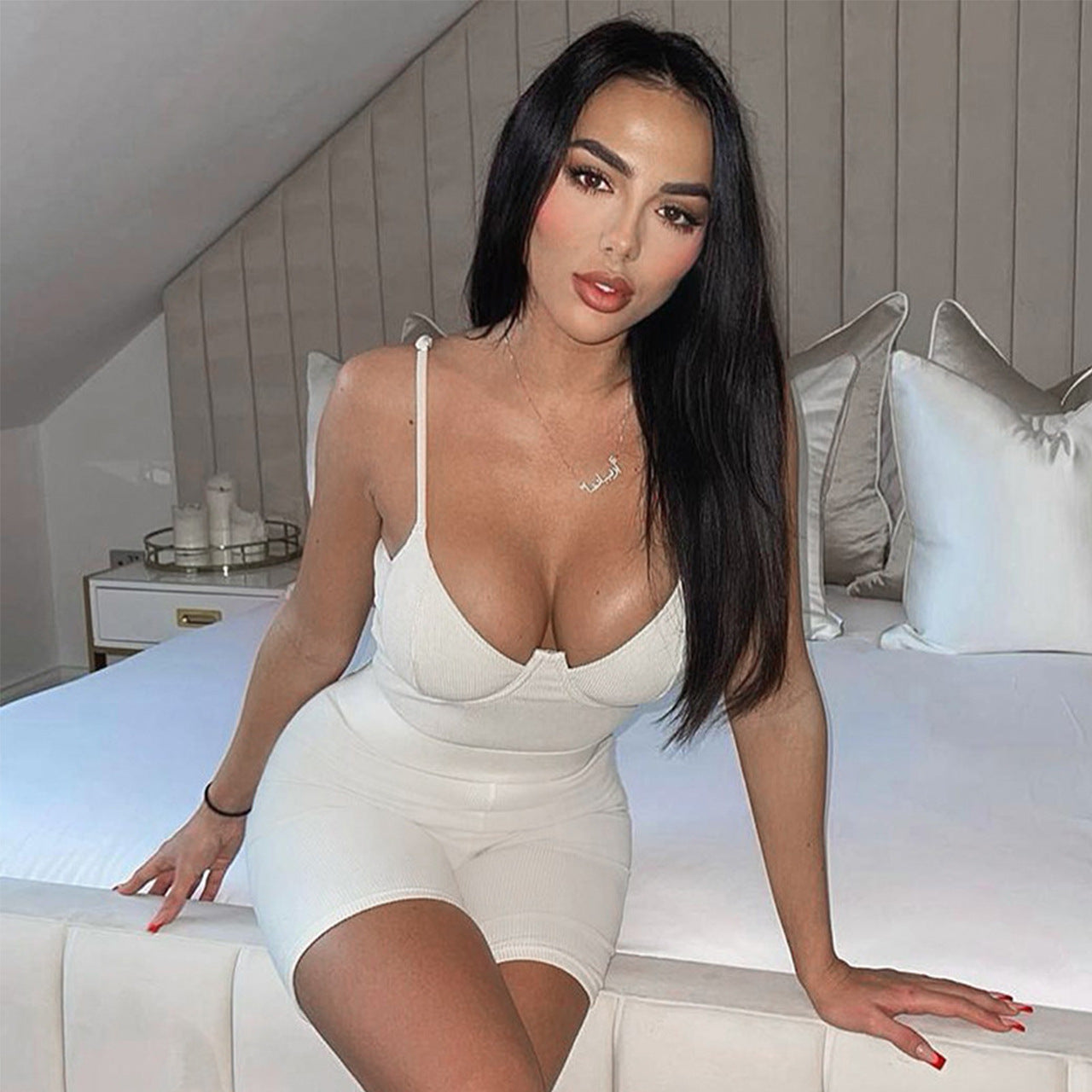 Solid Color Ribbed Suspender Jumpsuit Casual Shorts Two-piece Set