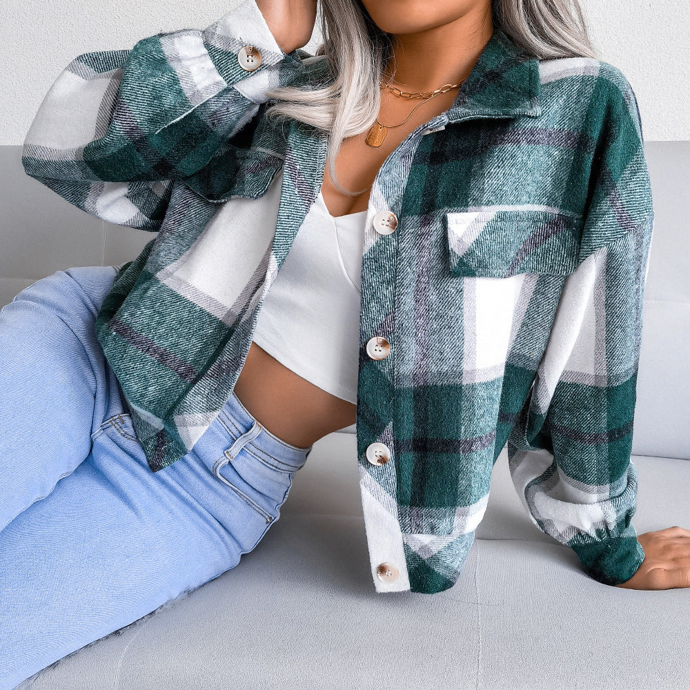 Plaid Lapel Cropped Jacket Fashion