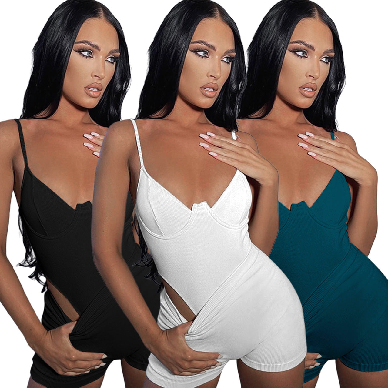 Solid Color Ribbed Suspender Jumpsuit Casual Shorts Two-piece Set