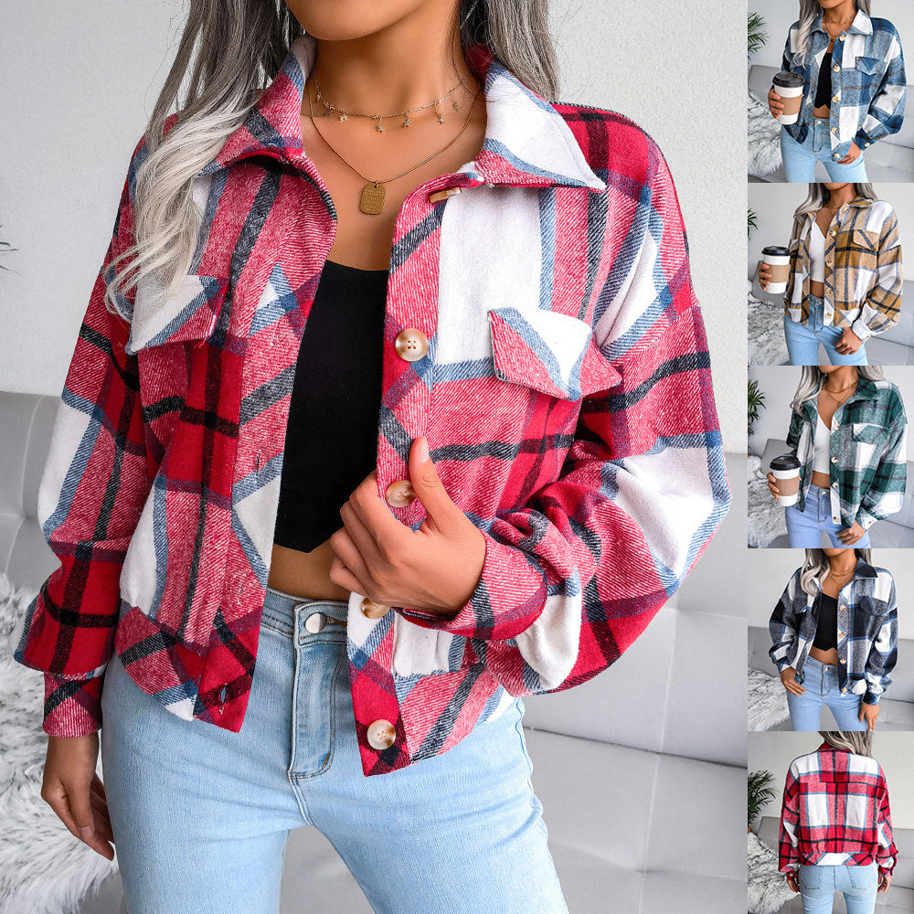Plaid Lapel Cropped Jacket Fashion
