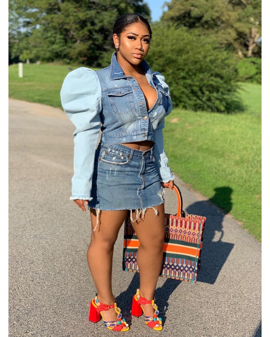 Women's patchwork bubble sleeve sexy denim top