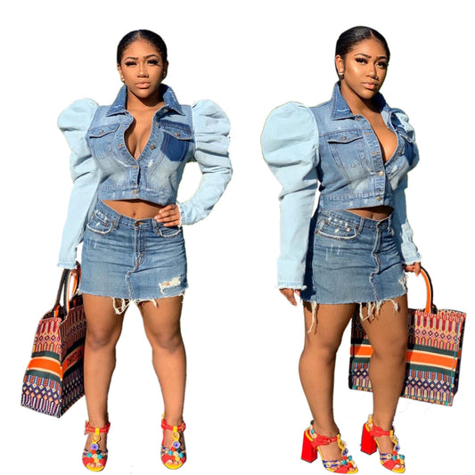 Women's patchwork bubble sleeve sexy denim top