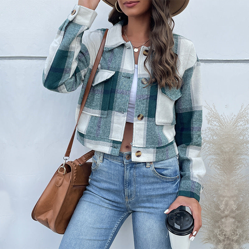 Plaid Lapel Cropped Jacket With Pockets Fashion