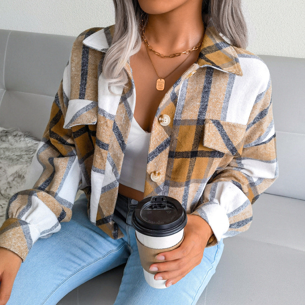 Plaid Lapel Cropped Jacket Fashion