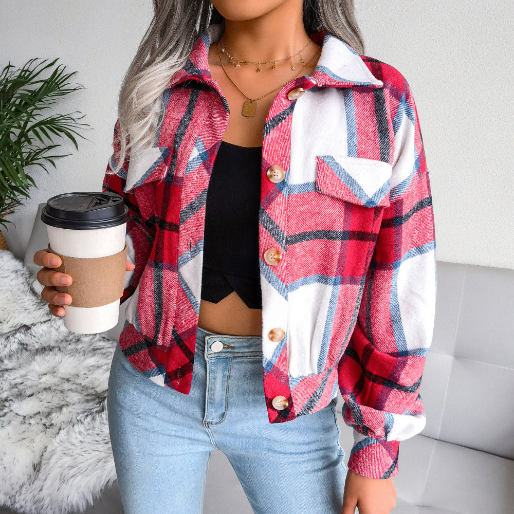 Plaid Lapel Cropped Jacket Fashion