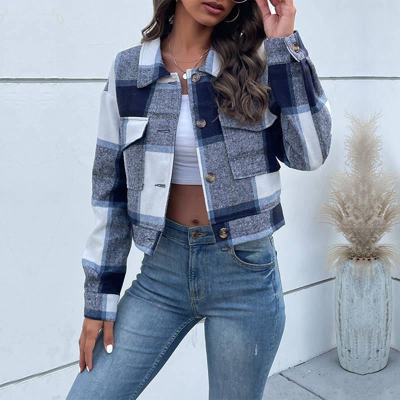Plaid Lapel Cropped Jacket With Pockets Fashion