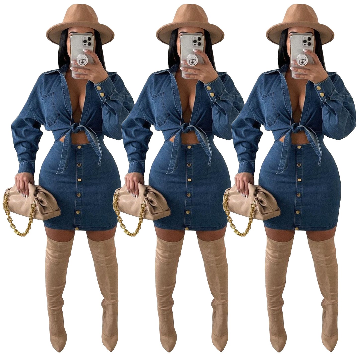 Denim Collar Tube Top Button Bow Fashion Dress Suit