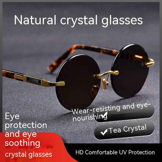 Retro Frameless Round Crystal Glasses Stone Glasses