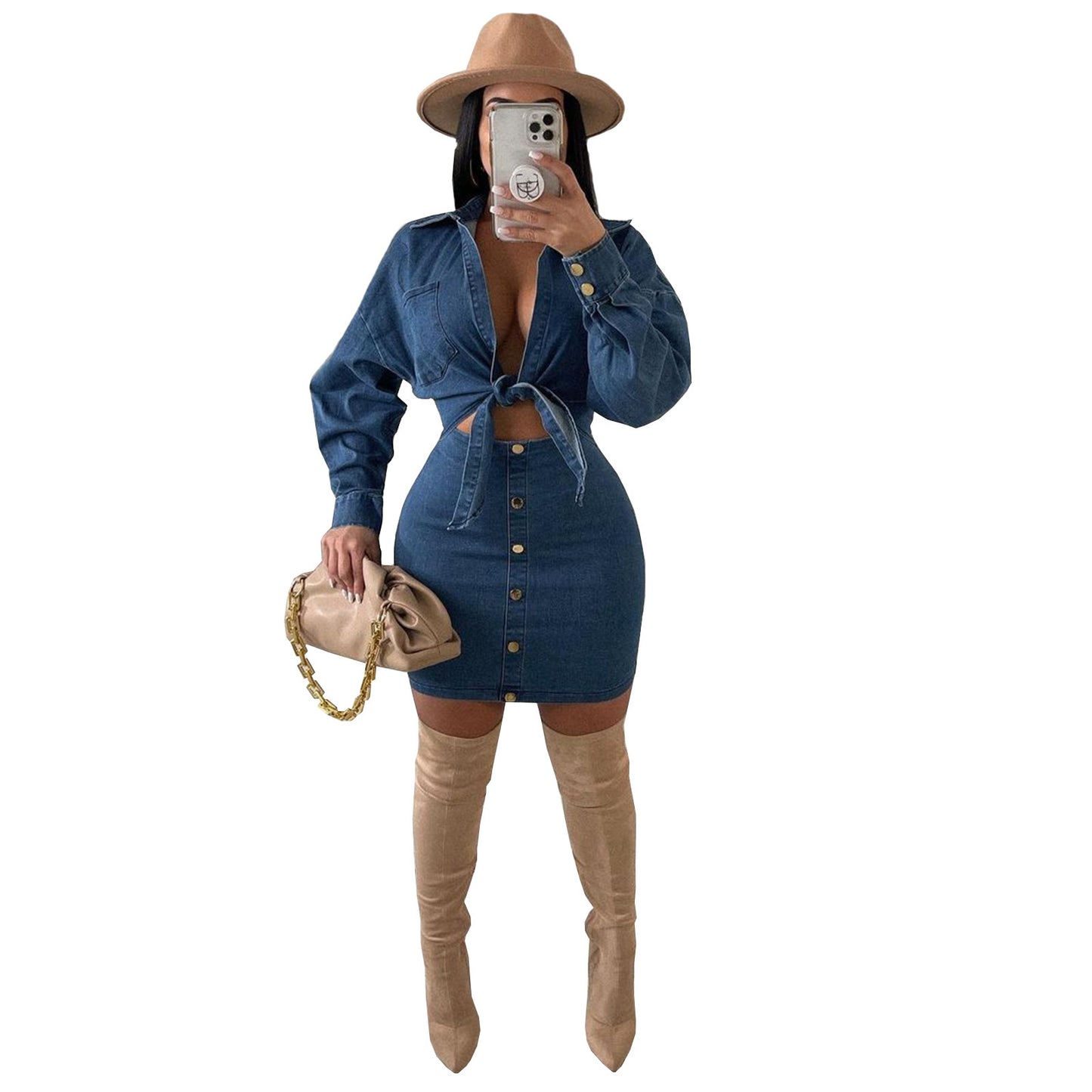 Denim Collar Tube Top Button Bow Fashion Dress Suit