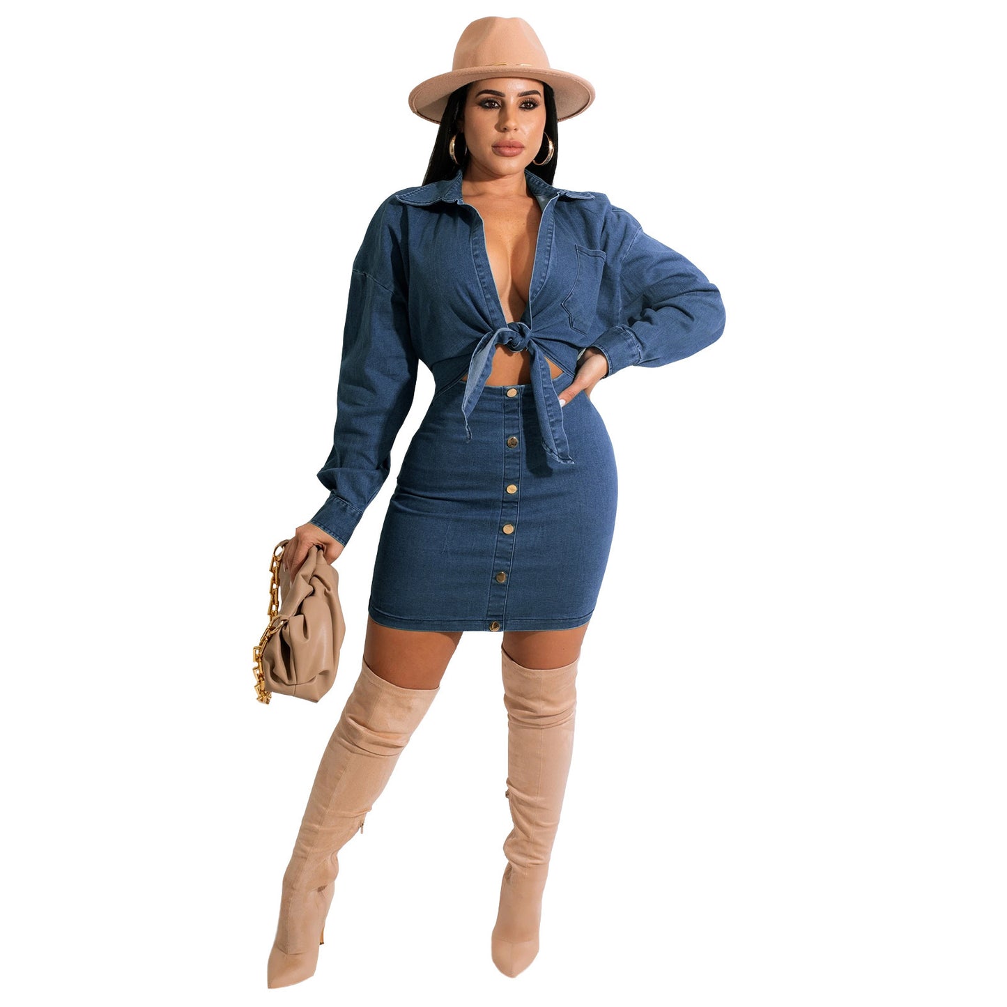Denim Collar Tube Top Button Bow Fashion Dress Suit