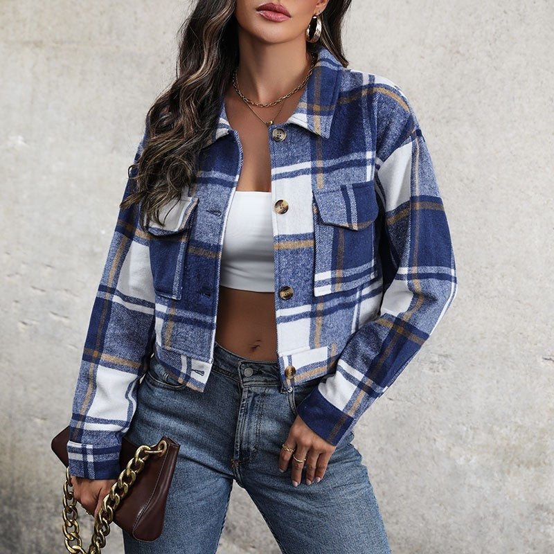 Plaid Lapel Cropped Jacket With Pockets Fashion