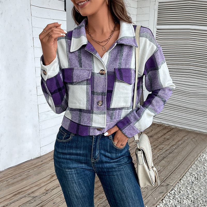 Plaid Lapel Cropped Jacket With Pockets Fashion