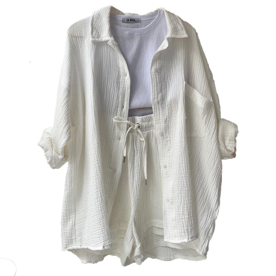Spring Champray Lapel Long Sleeve Shirt High Waist Drawstring Shorts Plus Size Fashion Casual Set