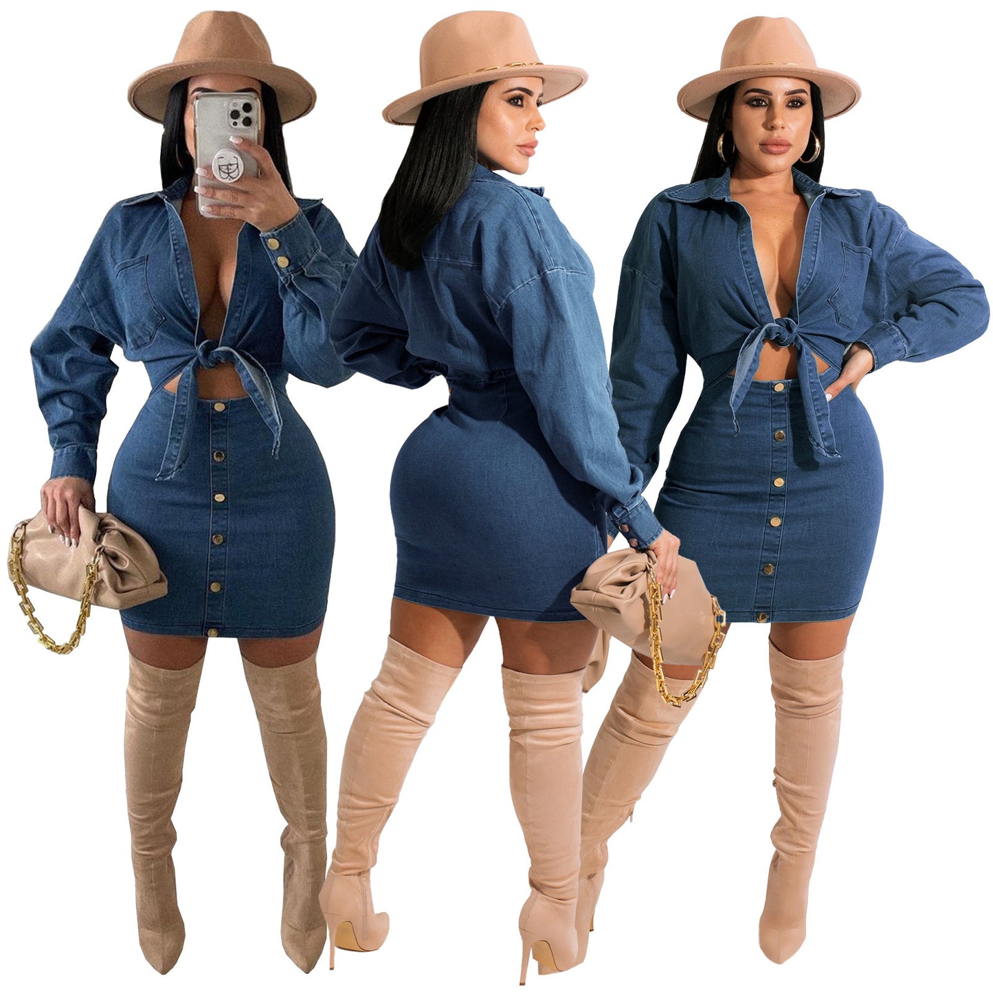 Denim Collar Tube Top Button Bow Fashion Dress Suit