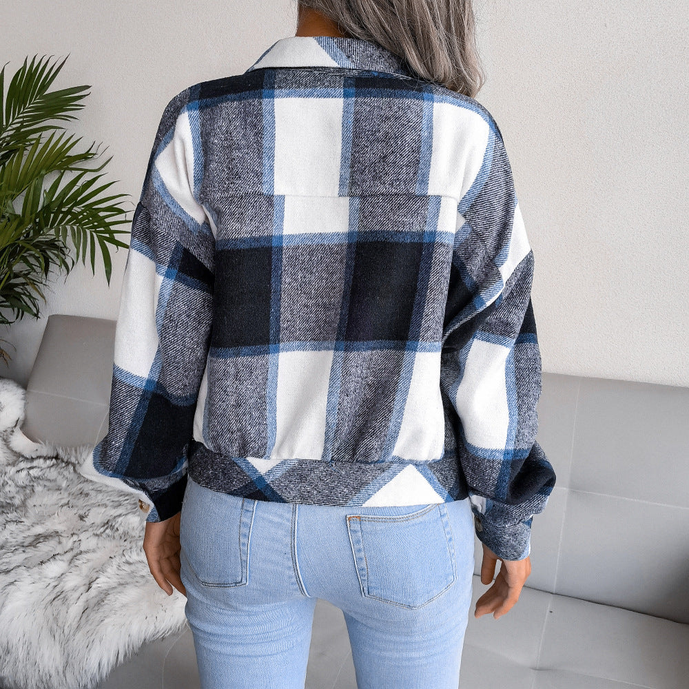 Plaid Lapel Cropped Jacket Fashion