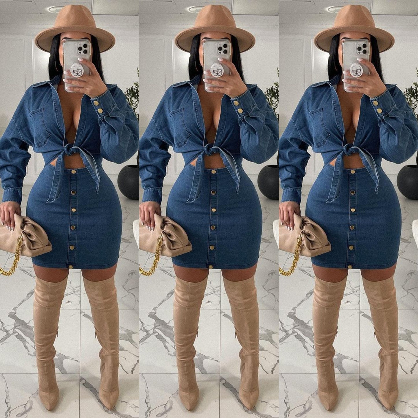 Denim Collar Tube Top Button Bow Fashion Dress Suit