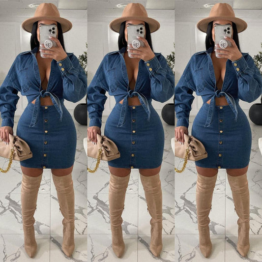 Denim Collar Tube Top Button Bow Fashion Dress Suit