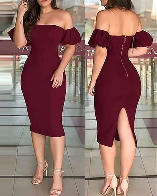Women's Burgundy One Shoulder Puff Sleeve Bodysuit