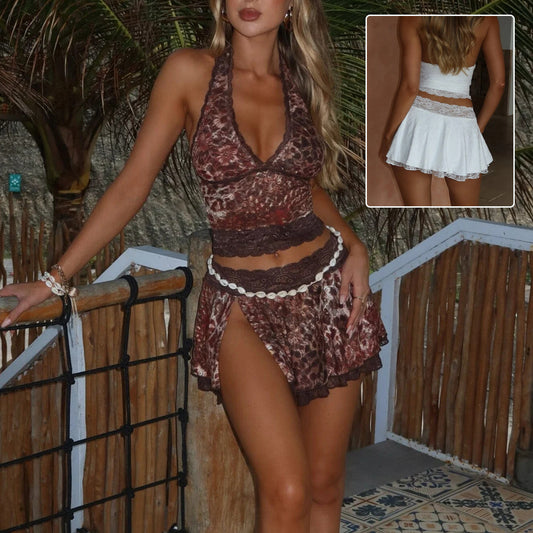 Lace Halter Deep V-neck Suits Fashion Split Skirt Summer Beach Leopard Set