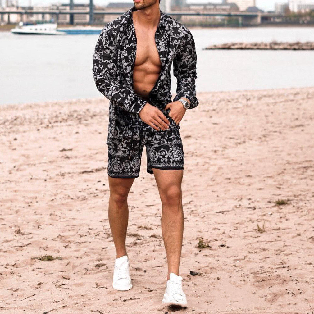 Long Sleeve Shirt Shorts Beach Casual Suit