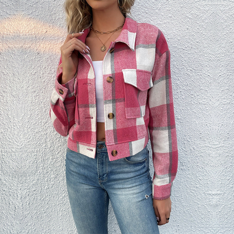 Plaid Lapel Cropped Jacket With Pockets Fashion